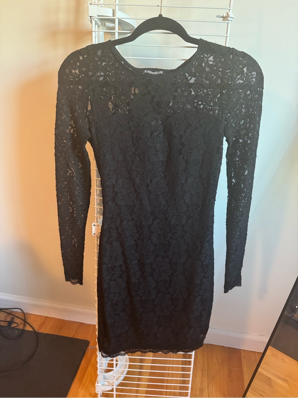 Express Black Lace Long-Sleeve Sheath Dress with Cut Out Back